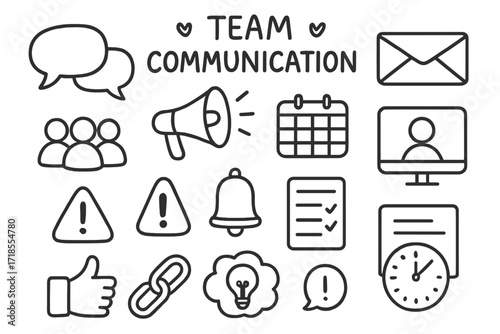 Communication Tools Icons. Hand-drawn doodle illustration [Team communication] speech bubbles, chat box, megaphone, envelope, group icon, calendar, video call,