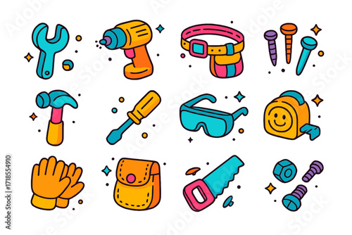 Kids' Toy Tool Icons. Colorful isometric vector icons set of kids' toy tool belt set: plastic wrench, toy drill, colorful belt, toy nails, mini hammer,