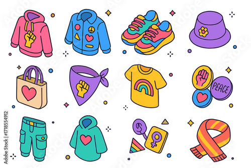 Activist Fashion Icons. Activist fashion. Colorful isometric vector icons set of activist fashion: protest hoodie, patch-covered denim jacket, colorful