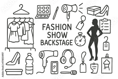 Fashion Show Backstage Essentials. Hand-drawn doodle illustration Fashion show backstage clothes rack, high heels, hanger, makeup palette, hair dryer, mirror,