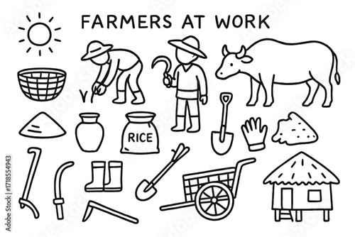 Farmers Doodle Scene. Hand-drawn doodle illustration Farmers at Work [farmer bending, farmer with sickle, buffalo, basket, straw hat, water jar, shovel, sack