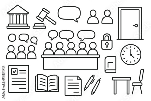Jury Decision Doodle. Hand-drawn doodle illustration Jury making a decision courthouse, gavel, scales of justice, people icons, speech bubbles, closed door,