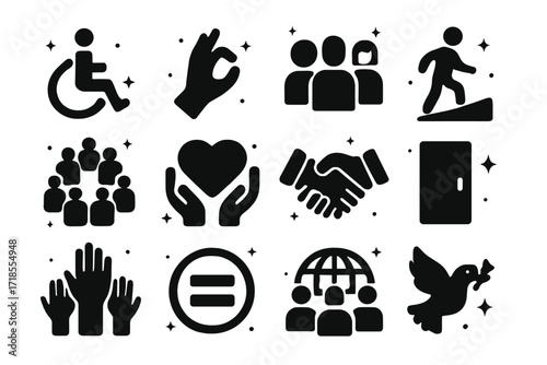 Inclusive Icons Set. Inclusion. Solid icons set of wheelchair symbol, sign language hand, diverse people, accessible ramp, inclusive circle, support heart,