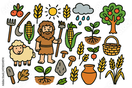 Origin of Food Crops. Colorful Hand-drawn doodle Children illustration Origin of food crops corn, wheat, ancient farmer, sun, raincloud, farming tools, plant