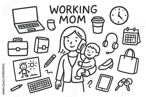 Working Mom Essentials. Hand-drawn doodle illustration [Street food snacks] [food cart, skewers, fries, sauce bottles, paper tray, napkin, tongs, soda cup,