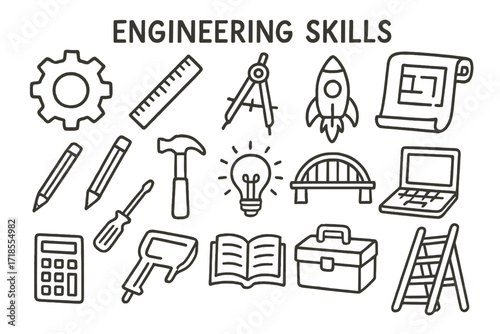 Engineering Tools Icons. Hand-drawn doodle illustration Engineering skills gear, ruler, compass, blueprint, pencil, hammer, screwdriver, light bulb, rocket,