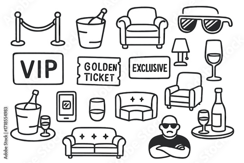 VIP Lounge Doodle. Hand-drawn doodle illustration VIP lounge experience [velvet rope, champagne bucket, plush seat, VIP card, sunglasses, golden ticket, dim