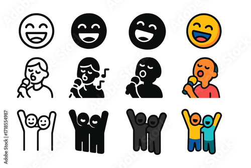 Karaoke Emotions Icons. Icon Set of Karaoke Emotions: Laughing face, Singing joy, Cheering friends. Icons set in vector style, emblematic variations. Laughing