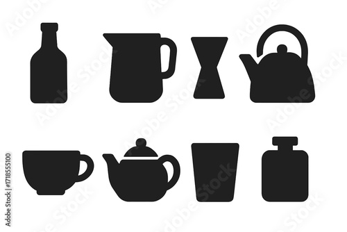 Pour Tools Icons. Solid, filled icon set of pour tools and vessels: bottle, pitcher, measuring jigger, kettle, cup, teapot, glass, flask. Solid, filled icons