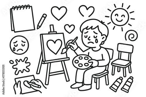 Artistic Emotion Doodle. Hand-drawn doodle illustration A person expressing their emotions through art, painting or drawing on a canvas easel,