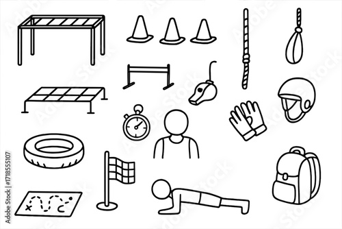 Obstacle Course Icons. Hand-drawn doodle illustration [training obstacle course with monkey bars] [monkey bars, cones, hurdles, rope climb, agility ladder,