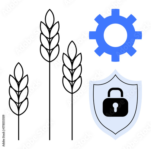 Wheat stalks beside gear and lock shield highlight agritech, data protection, innovation. Ideal for farming security, technology, sustainability, industry safety, food production, crops simple flat