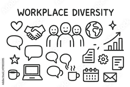 Diverse Workplace Doodles. Hand-drawn doodle illustration Workplace Diversity [group of people, handshake, heart, globe, speech bubble, laptop, star, sparkle,