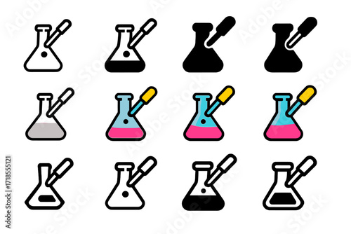 Colorful Flask Icons. Set Logo of Flasks: Flask and pipette icon. Logo set in vector style, emblematic variations. line, bold thick line, solid black filled,