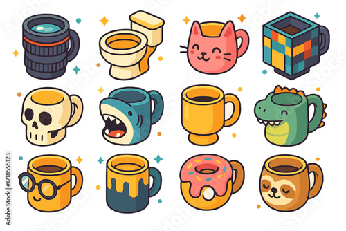 Novelty Mug Icons. Colorful isometric vector icons set of Funny novelty mugs: camera lens mug, toilet mug, cat-shaped mug, pixel mug, skull mug, shark mug,