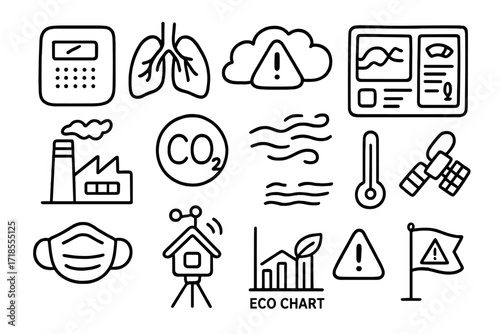 Air Quality Doodle. Hand-drawn doodle illustration Air Quality Monitoring air sensor, pollution icon, lungs, cloud with alert, dashboard app, CO2 molecule, air