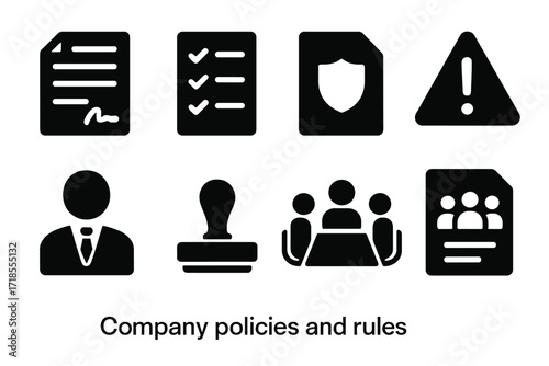 Corporate Policy Icons. Solid, filled icon set of company policies and rules: contract, checklist, policy document, warning sign, HR manager, approval stamp,