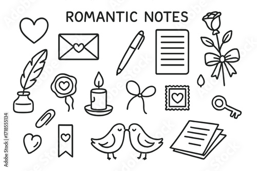Romantic Doodle Elements. Hand-drawn doodle illustration [Romantic notes] [heart, envelope, paper, pen, rose, ribbon, quill, wax seal, candle, paperclip,
