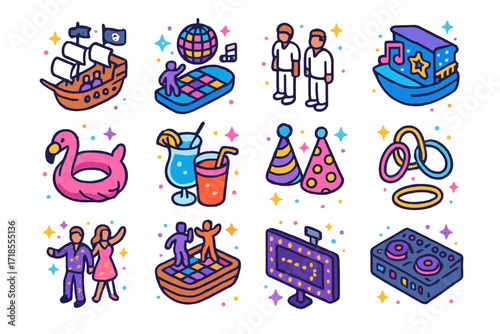 Themed Boat Party Icons. Colorful isometric vector icons set of themed boat parties: pirate ship party, 80s disco deck, white party guests, neon lights,