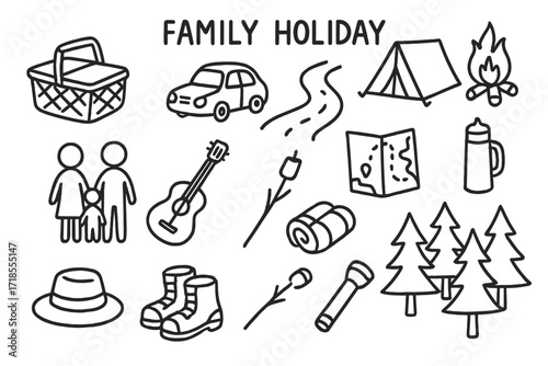 Family Picnic Icons. Hand-drawn doodle illustration Family Holiday picnic basket, car, road, tent, campfire, family icon, guitar, map, thermos, hat, hiking