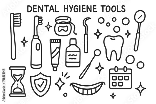 Dental Hygiene Tools Doodle. Hand-drawn doodle illustration Dental Hygiene Tools [toothbrush, electric toothbrush, floss, dental pick, toothpaste, mouthwash,