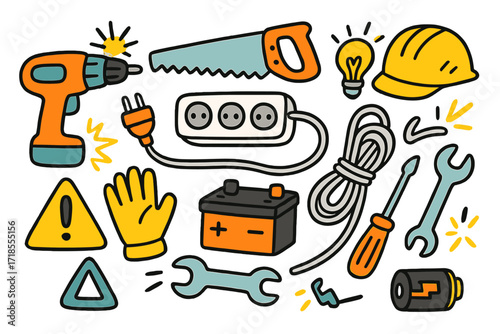 Colorful Power Tools Icons. Power Tools. Colorful Hand-drawn doodle Children illustration Power Tools drill, saw, plug, extension cord, gloves, helmet, sparks,