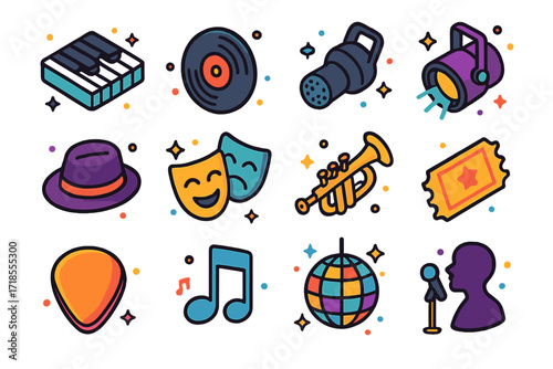 Musical Genre Icons. Colorful isometric vector icons set of Musical Genre: piano keys, vinyl record, microphone, stage spotlight, jazz hat, theater mask,