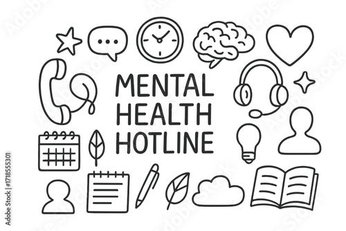 Mental Health Doodle Icons. Hand-drawn doodle illustration Mental health hotline [phone, headset, chat bubble, clock, brain, heart, star, calendar, notebook,