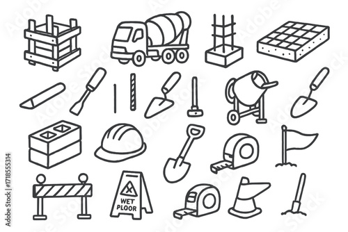 Concrete Construction Doodles. Hand-drawn doodle illustration [concrete structures] [mold form, concrete truck, foundation, rebar, slab, trowel, chisel, mixer,