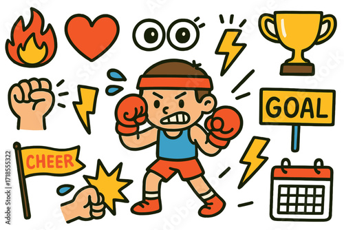 Sports Doodle Icons. Colorful Hand-drawn doodle Children illustration Sports Determination flame icon, heart, focus eyes, clock, trophy, sweat, clenched fists,