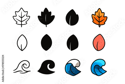 Nature Icons Collection. Icon Set of Nature Color Palette: Autumn leaves, Flower petal, Ocean wave. Icons set in vector style, emblematic variations. Autumn
