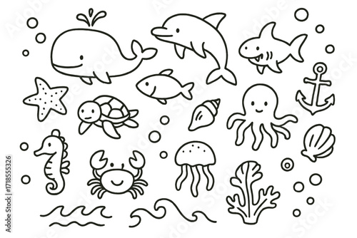 Marine Life Doodles. Hand-drawn doodle illustration Marine creatures [whale, dolphin, shark, fish, turtle, octopus, jellyfish, crab, seahorse, shell, coral,