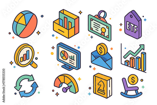 Colorful Investment Icons. Colorful isometric vector icons set of investment portfolio elements: diversified pie chart, asset allocation, stock certificate,