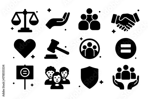 Icons of Fairness. Fairness. Solid icons set of balanced scale, open hand, group of people, handshake, heart, justice hammer, inclusive circle, equality