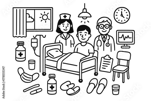 Hospital Ward Doodles. Hand-drawn doodle illustration Hospital ward patient bed, IV stand, nurse, doctor, heart monitor, medicine bottle, clipboard, chair,