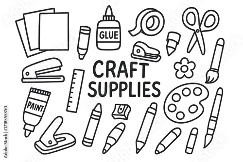 Craft Supplies Doodle. Hand-drawn doodle illustration Craft supplies for posters [colored paper, glue bottle, tape roll, scissors, stapler, hole punch, ruler,
