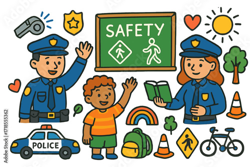 Safety Lesson Doodle. Colorful Hand-drawn doodle Children illustration Police officers teaching safety [police officer, child raising hand, chalkboard, book,