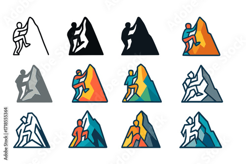 Rock Climber Logos. Set Logo of Rock Climber: Climber on mountain ridge. Logo set in vector style, emblematic variations. line, bold thick line, solid black
