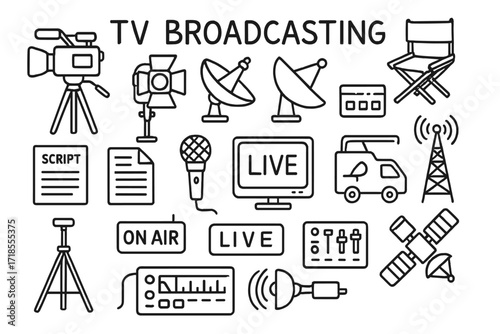 TV Broadcasting Icons. Hand-drawn doodle illustration [TV broadcasting] [camera, studio light, satellite dish, director chair, control panel, broadcast tower,
