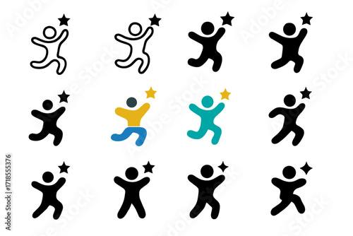 Joyful Leap Logos. Set Logo of Jumping for Joy: leaping figure with stars. Logo set in vector style, emblematic variations. line, bold thick line, solid black
