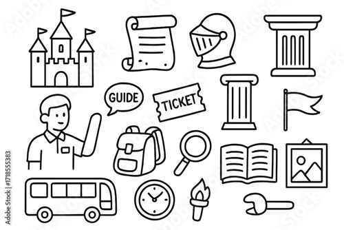 Historical Excursion Icons. Hand-drawn doodle illustration historical excursion castle, scroll, knight helmet, column, map, guide, flag, ticket, backpack, bus,