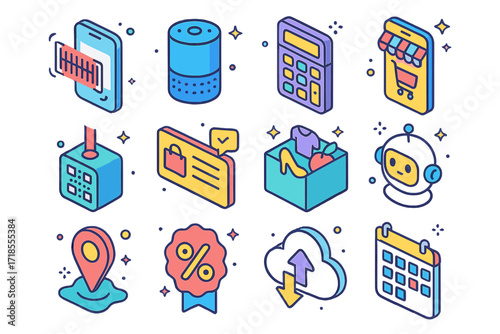 Smart Shopping Icon Set. Colorful isometric vector icons set of Smart Shopping Tools: barcode scanner app, voice assistant device, budgeting calculator, phone