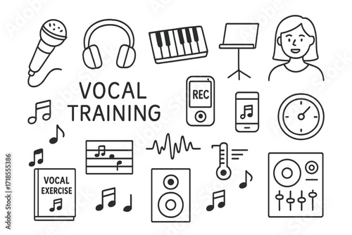 Vocal Training Tools. Hand-drawn doodle illustration vocal training tools and equipment microphone, headphones, piano, music stand, vocal coach, recording