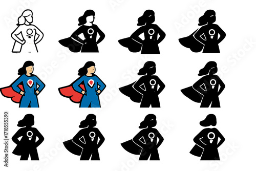 Empowerment Superhero Logos. Set Logo of women's empowerment: female superhero figure. Logo set in vector style, emblematic variations. line, bold thick line,