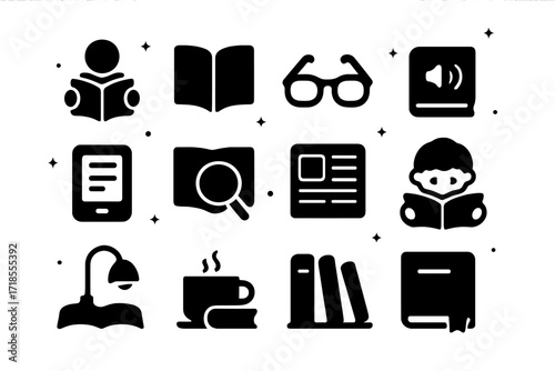 Reading Icons Collection. Reading. Solid icons set of reading: person reading book, open book, reading glasses, audiobook, e-reader, book with magnifying