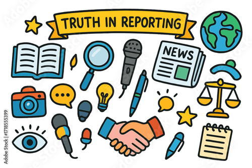 Childlike Media Symbols. Colorful Hand-drawn doodle Children illustration Truth in reporting [open book, magnifying glass, microphone, newspaper, globe,