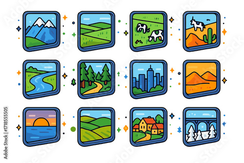 Scenic Train Views. Colorful isometric vector icons set of Scenic Views from the Train Window: mountain range, green fields, grazing cows, passing river,