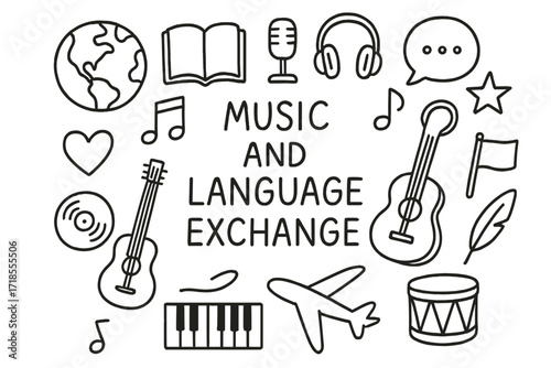 Music and Language Doodles. Hand-drawn doodle illustration Music and language exchange [globe, book, microphone, headphones, guitar, note, speech bubble, star,