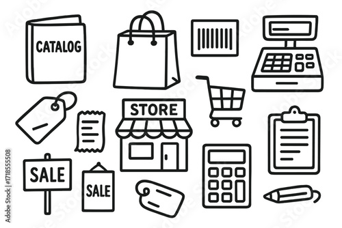 Retail Doodle Icons. Retail. Hand-drawn doodle illustration catalog, shopping bag, barcode, cash register, price tag, receipt, store building, cart,