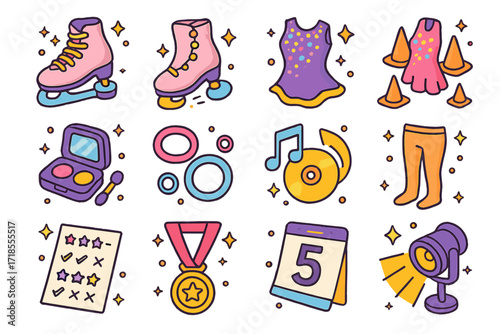 Artistic Roller Skating Icons. Colorful isometric vector icons set of artistic roller skating: performance skates, elegant toe stop, sequin costume, practice
